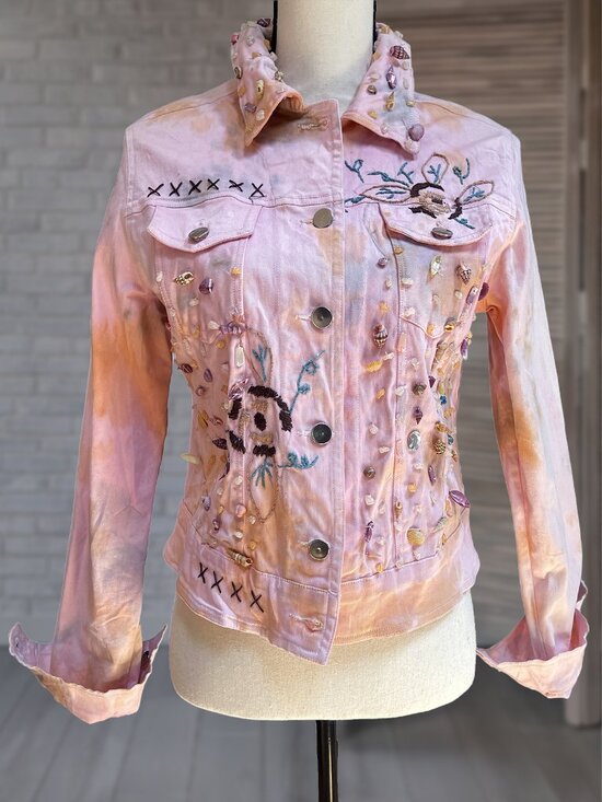 Antica-Italy Jackets & Blazers - ANTICA Italy Pink Denim Trucker Jacket Seashell Crochet Coastal Boho XS